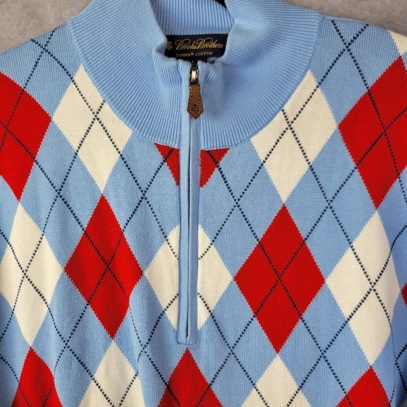 Brooks Brothers Sweater L Men Blue Red Argyle 1/4 Zip Cotton Mint Supima Cotton - Picture 9 of 11